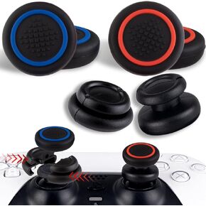 NO Falling Off Thumbstick Extender x 2 & Thumb Grip x 4 for PS5 & PS4 Controller (Black Red + Blue Ring)
