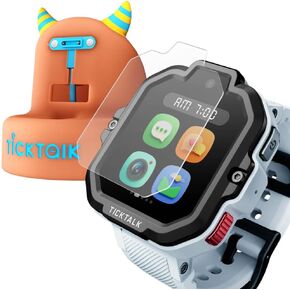 TickTalk 5 Cellular Kids Smart Watch (T-Mobile's Network) with GPS Tracker & Video Calling, Power Base and Tempered Glass Screen Protectors (2 per Pack) Bundle - Smart Watch for Kids with Parent Apps