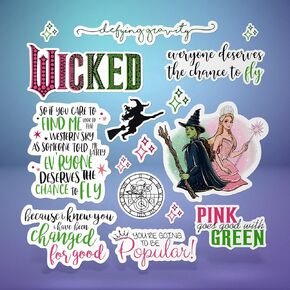 Wicked Stickers – 16-Piece Waterproof Vinyl Decal Pack for Wicked Party Decorations, Merch & Party Favors, Broadway Fan Gift for Laptops, Water Bottles, and Scrapbooks