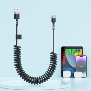 Carplay Coiled USB A to Lightning Cable for Car, 6FT Apple Coiled Lightning Cable,[MFi Certified] Retractable iPhone Charger Cord Fast Charging Compatible with iPhone 14 13 12 11 Pro Max Mini XS iPad