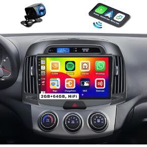 2G+64G Android 13 Car Stereo for Hyundai Elantra 2007-2010 Radio Wireless CarPlay Android Auto HiFi Audio 9 Inch HD Touchscreen GPS Bluetooth FM/RDS Radio WiFi USB SWC + AHD Backup Camera