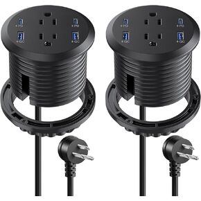 3 inch Desktop Power Grommet USB C,65W Fast Charging Station,Furniture Recessed Power Strip,2 Outlets,4 USB Ports,Flush-Mount for Desktop, Workspace Essential Desk Outlet,2 Pack (Black)