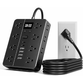 0.2/5/10FT, 23-in-1 Power Strip with Time Display, 16 AC Outlets, 6 USB Ports (2 USB C), Ideal for Living Rooms and Workstations, Kitchen Appliances and Charging Stations (White, 0.2FT)