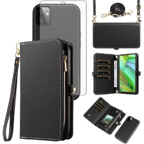 Asuwish Phone Case for Motorola Moto G Power 5G 2023 Zipper Wallet Detachable Cell Cover with Tempered Glass Screen Protector Crossbody Lanyard Strap Flip Card Holder Slot GPower G5 Women Girls White