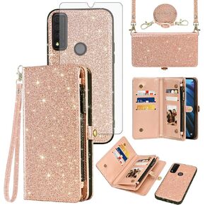 Asuwish Phone Case for TCL 30XE/30V/4X/20AX/20A/20R/Bremen 5G Zipper Wallet Cell Cover with Tempered Glass Screen Protector Flip Card Holder Slot TLC T601DL 30 XE XE5G V 20 AX R A 6.67 Women Rosegold