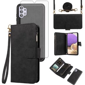 Asuwish Phone Case for Samsung Galaxy A32 5G 2021 6.5 inch Zipper Wallet Cell Cover with Screen Protector Crossbody Lanyard Strap Flip Card Holder M32 G5 A 32 32A S32 SM-A326U A326U Women Purple