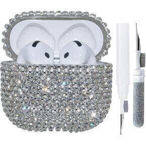 5 in 1 Kit Bling Case for AirPods 4 Cover Set Diamonds, Luxurious Rhinestone PC for AirPods 4th Generation Case Accessories for Women Girl Cute Pompom/Crystal Bracelet/Cleaning Pen/Keychain - Clear