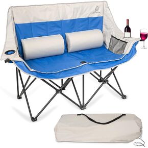 Double Camping Chair – Foldable Chair with Lumbar Support Cushions and Carry Bag – Padded Portable Heavy-Duty Loveseat with 4 Mesh Pockets, 2 Cup Holders, Wine Glass Holder