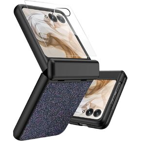 NINKI for Motorola Razr 2024 Case Glitter with Hinge Cover and Screen Protector, Bling PU Leather+ Hard PC Protective Flip Hinged Leather Phone Cover for Moto Motorola Razr 50 Case 2024 5G - Purple