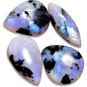 Natural Tourmilated Moonstone Pack of 4 - Assorted Loose Crystals for Jewelry Making, Polished Stones, Good Luck Birthstone Gift Set