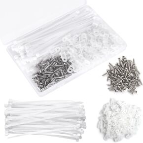 110 Pcs Cable Zip Tie Mounts Wire Cable Clips Organizer Holders with 6" Cable Ties, Saddle Type Mounts Base and Tapping Screw, White