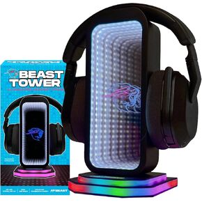 Feastables Beast Tower MrBeast Gaming Headphone Stand | RGB Light Display with Infinity Mirror Effect and Logo | Universal Headset Holder; USB Powered Desk Computer Accessory for Gamers and Streamers