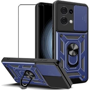 Case for Oppo Reno 13 5G with Tempered Glass Screen Protector,Sliding Camera Window, Kickstand, Shock-Proof Anti-Scratch Dual-Layer Phone Cover, Blue