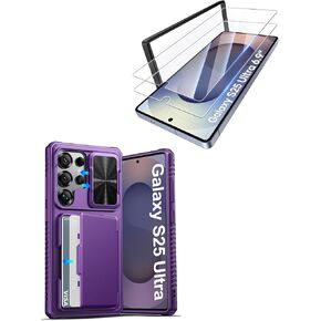 for Samsung Galaxy S25 Ultra Case with HD Tempered Glass Screen Protector [2 Pack], Build-in Card Holder, Slide Camera Cover, Case for Galaxy S25 Ultra 6.9", Dark Purple