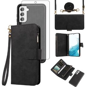 Asuwish Phone Case for Samsung Galaxy S22 5G Zipper Wallet Detachable Cell Cover with Tempered Glass Screen Protector Crossbody Lanyard Strap Flip Card Holder S 22 22S 4G G5 6.1 inch Women Black