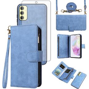 Asuwish Phone Case for Samsung Galaxy A35 5G Zipper Wallet Detachable Cell Cover with Tempered Glass Screen Protector Crossbody Lanyard Strap Flip Card Holder A 35 35A A355G Women Men Girls Purple
