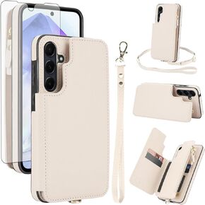 Asuwish Phone Case for Samsung Galaxy A15 5G/4G Zipper Wallet Cover with Tempered Glass Screen Protector and Crossbody Wrist Strap RFID Blocking Credit Card Holder Cell A 15 G5 15A Women Girls Black
