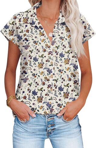 HOTOUCH Womens Linen Button Down Shirt Casual V Neck Cap Sleeve Blouses Summer Cotton Collared Tops S-3XL in Kuwait