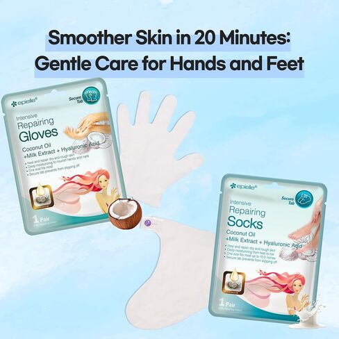 Epielle Intensive Repairing Masks for Hand and Foot (Glove & Socks-12pk) Dry Hand, Dry & Cracked Heel to toe Spa Masks Coconut Oil + Milk Extract,Mothers Day GIfts in Kuwait