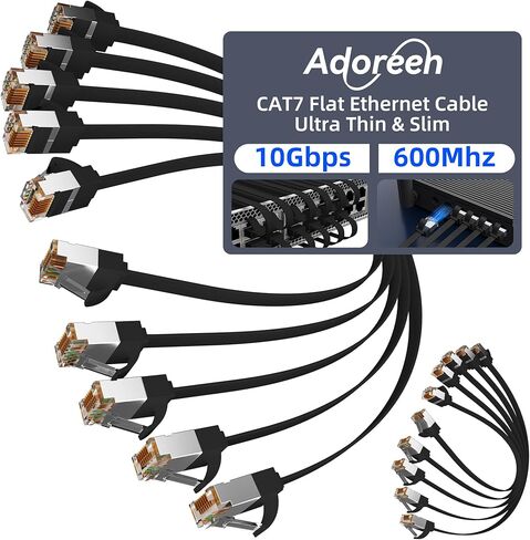 Adoreen Cat 7 Flat Ethernet Cable 1 Ft/10 Pack, High-Speed Shielded Internet Network Cable with Low Profile&Compact RJ45 Connector, Thin Slim Short Cat 6E 6A Patch Cord,S/FTP,POE,10Gbps 600MHZ, Black in Kuwait
