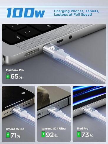 100W USB C to USB C Cable 6ft USBC to USBC Fast Charging Cable Braided USB Type C Charger Cable for iPhone 16 15 Pro Plus Pro Max, MacBook, iPad Pro/Air/Mini in Saudi Arabia