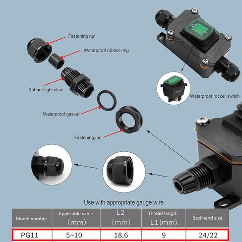 110V AC DPST On Off Outdoor Toggle Switch,IP65 Waterproof 2 Position Inline Cord Switch with Red Light Rocker Button, Two Sides Entry and Exit Line in Saudi Arabia