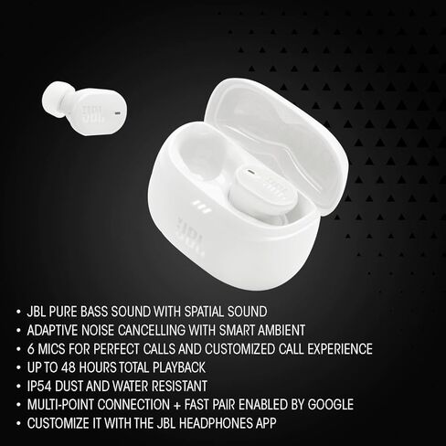 JBL Tune Buds 2 - الضوضاء اللاسلكية الحقيقية لإلغاء سماعات الأذن الصوت المكاني والتكنولوجيا المحيطة الذكية ، 6 ميكروفونات للمكالمات المثالية ، حتى 48 ساعة من التشغيل ، IP54 Dust & Water Resistant (Black) in Kuwait