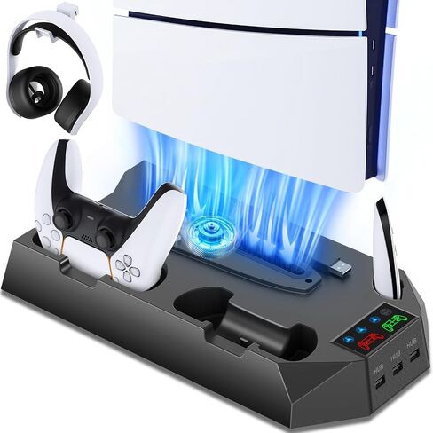 PS5/Slim/Pro Cooling Stand with Controller Charger Station for PlayStation 5/Slim Console Disc/Digital, PlayStation 5 Vertical Cooling Station with Remote Holder Charging Dock, Cooling Fan, 3 USB Hubs in Saudi Arabia