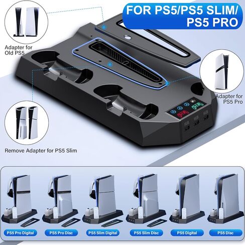 PS5/Slim/Pro Cooling Stand with Controller Charger Station for PlayStation 5/Slim Console Disc/Digital, PlayStation 5 Vertical Cooling Station with Remote Holder Charging Dock, Cooling Fan, 3 USB Hubs in Saudi Arabia