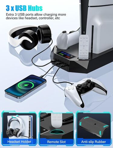 PS5/Slim/Pro Cooling Stand with Controller Charger Station for PlayStation 5/Slim Console Disc/Digital, PlayStation 5 Vertical Cooling Station with Remote Holder Charging Dock, Cooling Fan, 3 USB Hubs in Saudi Arabia