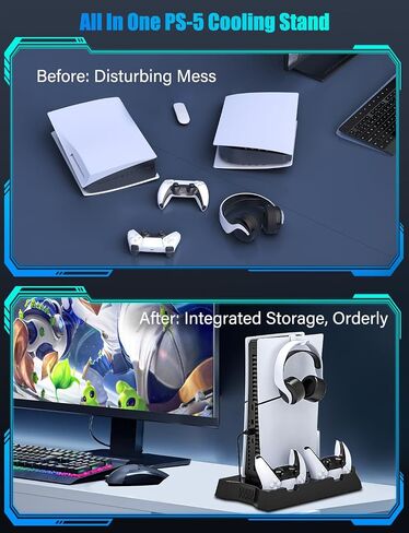PS5/Slim/Pro Cooling Stand with Controller Charger Station for PlayStation 5/Slim Console Disc/Digital, PlayStation 5 Vertical Cooling Station with Remote Holder Charging Dock, Cooling Fan, 3 USB Hubs in Saudi Arabia