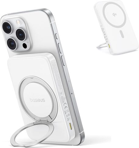 BASEUS QI2 Magsafe Power Bank ، شاحن محمول لاسلكي Ultra-Slim Slim 15W مع حامل حلقة قابل للتدوير 360 درجة ، حزمة بطارية مغناطيسية 5000 مللي أمبير في سلسلة iPhone 16/15/14/13/12 (أبيض) in Saudi Arabia