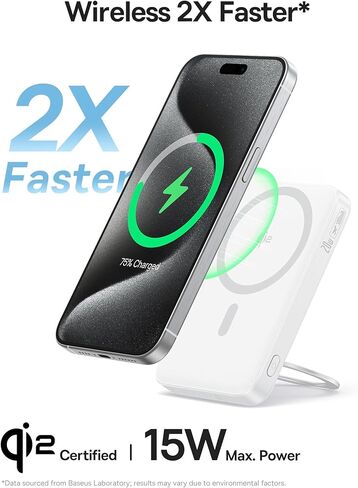 BASEUS QI2 Magsafe Power Bank ، شاحن محمول لاسلكي Ultra-Slim Slim 15W مع حامل حلقة قابل للتدوير 360 درجة ، حزمة بطارية مغناطيسية 5000 مللي أمبير في سلسلة iPhone 16/15/14/13/12 (أبيض) in Saudi Arabia