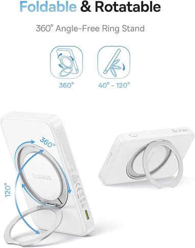 BASEUS QI2 Magsafe Power Bank ، شاحن محمول لاسلكي Ultra-Slim Slim 15W مع حامل حلقة قابل للتدوير 360 درجة ، حزمة بطارية مغناطيسية 5000 مللي أمبير في سلسلة iPhone 16/15/14/13/12 (أبيض) in Saudi Arabia