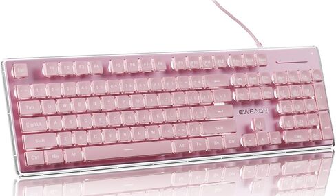 EWEADN GX710S Backlit Computer Keyboards, Wired USB Keyboard with White Backlit, Metal Panel, Plug and Play, Pudding Keycaps Full Size Quite Computer Keyboard for Win/PC/Laptop-Pink in Kuwait