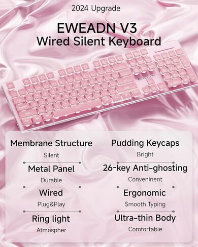 EWEADN GX710S Backlit Computer Keyboards, Wired USB Keyboard with White Backlit, Metal Panel, Plug and Play, Pudding Keycaps Full Size Quite Computer Keyboard for Win/PC/Laptop-Pink in Kuwait