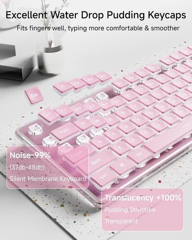 EWEADN GX710S Backlit Computer Keyboards, Wired USB Keyboard with White Backlit, Metal Panel, Plug and Play, Pudding Keycaps Full Size Quite Computer Keyboard for Win/PC/Laptop-Pink in Kuwait