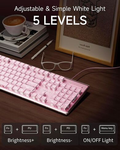 EWEADN GX710S Backlit Computer Keyboards, Wired USB Keyboard with White Backlit, Metal Panel, Plug and Play, Pudding Keycaps Full Size Quite Computer Keyboard for Win/PC/Laptop-Pink in Kuwait