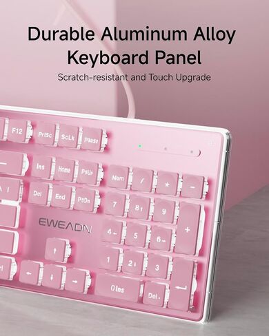 EWEADN GX710S Backlit Computer Keyboards, Wired USB Keyboard with White Backlit, Metal Panel, Plug and Play, Pudding Keycaps Full Size Quite Computer Keyboard for Win/PC/Laptop-Pink in Kuwait