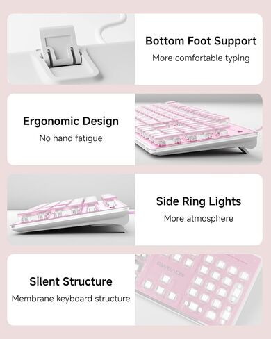 EWEADN GX710S Backlit Computer Keyboards, Wired USB Keyboard with White Backlit, Metal Panel, Plug and Play, Pudding Keycaps Full Size Quite Computer Keyboard for Win/PC/Laptop-Pink in Kuwait