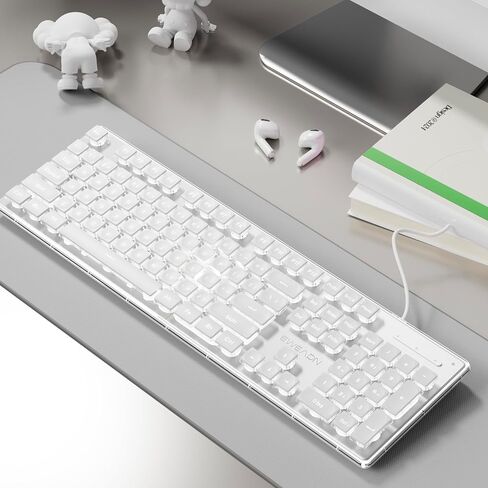 EWEADN GX710S Backlit Computer Keyboards, Wired USB Keyboard with White Backlit, Metal Panel, Plug and Play, Pudding Keycaps Full Size Quite Computer Keyboard for Win/PC/Laptop-Pink in Kuwait