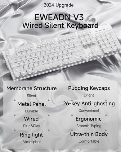 EWEADN GX710S Backlit Computer Keyboards, Wired USB Keyboard with White Backlit, Metal Panel, Plug and Play, Pudding Keycaps Full Size Quite Computer Keyboard for Win/PC/Laptop-Pink in Kuwait