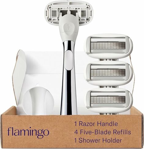 Flamingo 5-Blade Razors for Women - 1 Razor Handle + 4 5-Blade Refills + 1 Shower Holder - Chrome in Kuwait