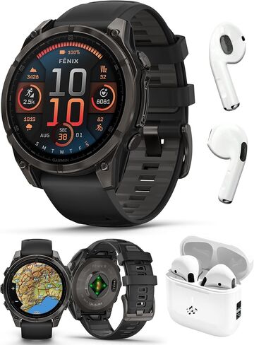 Garmin Fenix 8 AMOLED Sapphire (47mm, Carbon Gray DLC Titanium) Multisport GPS Smartwatch Bundle - 1.4" Touchscreen, Built-in LED Flashlight with PlayBetter Wireless Running Earbuds in Saudi Arabia