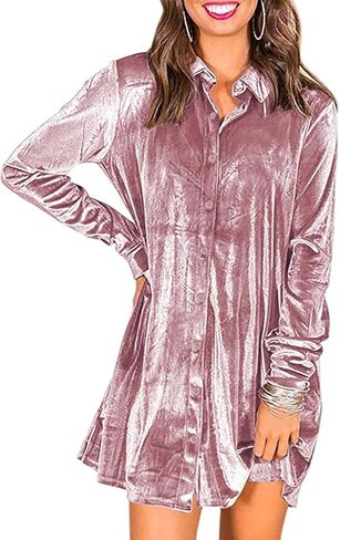 Ivay Women's Spring Button Down Tshirt Dresses Velvet Tunic Dress with Pockets in Kuwait