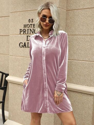 Ivay Women's Spring Button Down Tshirt Dresses Velvet Tunic Dress with Pockets in Kuwait
