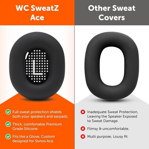 WC Sweatz Ace - أغطية عرق الأذن الحاصلة على براءة اختراع لـ Sonos Ace اللاسلكية لإلغاء سماعات الرأس بواسطة وسائد شريرة | عازف التعرق وسهلة الغسل | أسود in Kuwait