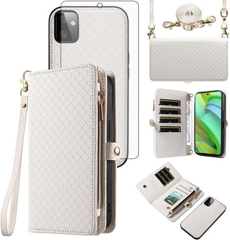 Asuwish Phone Case for Motorola Moto G Power 5G 2023 Zipper Wallet Detachable Cell Cover with Tempered Glass Screen Protector Crossbody Lanyard Strap Flip Card Holder Slot GPower G5 Women Girls White in Saudi Arabia