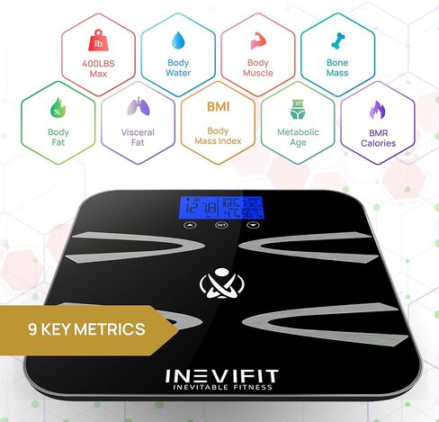 INEVIFIT BODY-ANALYZER SCALE, Highly Accurate Digital Bathroom Body Composition Analyzer, Measures Weight, Body Fat, Water, Muscle, BMI, Visceral levels & Bone Mass for 10 Users. includes Batteries in Kuwait