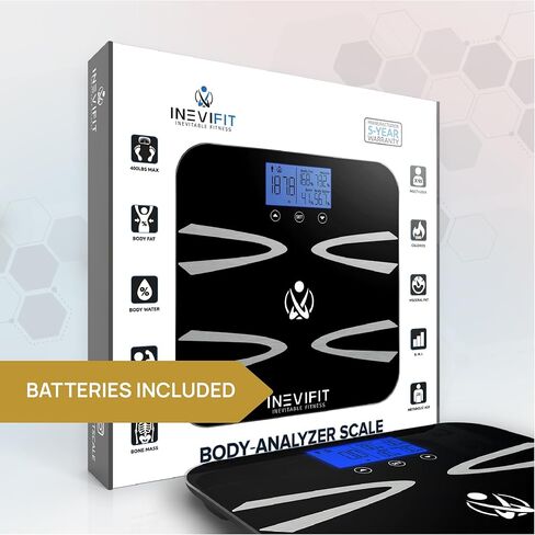 INEVIFIT BODY-ANALYZER SCALE, Highly Accurate Digital Bathroom Body Composition Analyzer, Measures Weight, Body Fat, Water, Muscle, BMI, Visceral levels & Bone Mass for 10 Users. includes Batteries in Kuwait